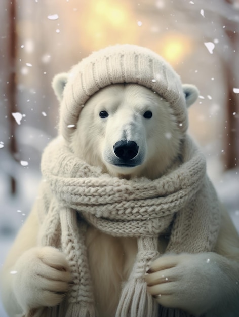 Urso polar branco com chapéu e lenço