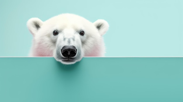 Urso polar branco espreitando por trás de uma parede azul Copiar espaço