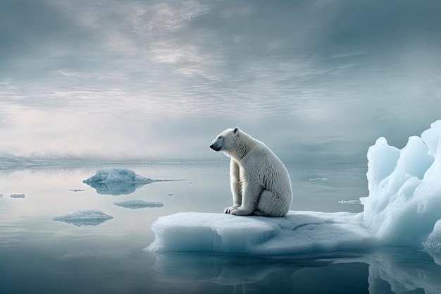 urso polar branco sentado em derretimento de gelo floco geleira no mar ártico que enfrenta Generative Ai