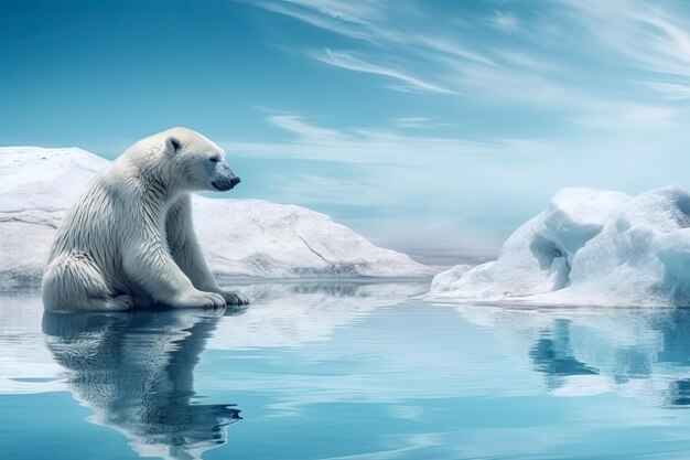 Urso polar branco sentado em derretimento de gelo floco geleira no mar ártico que o aquecimento global generativo Ai