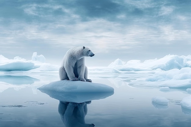 Urso polar branco sentado em derretimento de gelo floco geleira no mar ártico que o aquecimento global generativo Ai