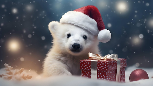 Urso polar branco super fofo com chapéu de Papai Noel com imagem gerada por IA de caixa de presente