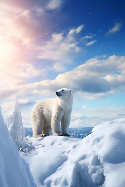 Urso polar brincando na neve com uma vista panorâmica da montanha de neve no inverno