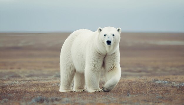 Foto urso polar caminha pela tundra olhando para a câmera