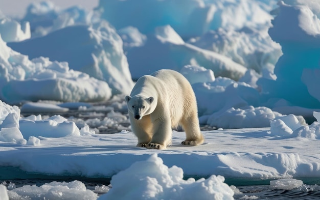 urso polar caminhando através de um mar de gelo