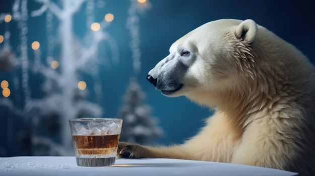 Urso polar com uma taça de vinho