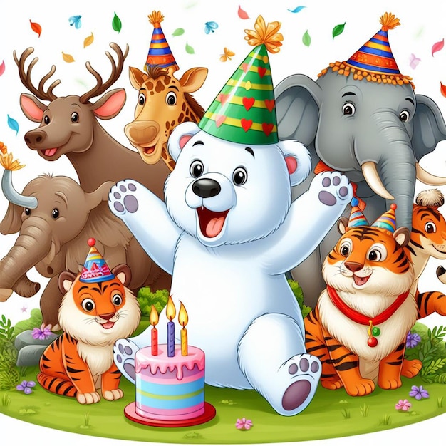 Urso polar comemorando aniversário com amigos imagens de desenhos animados