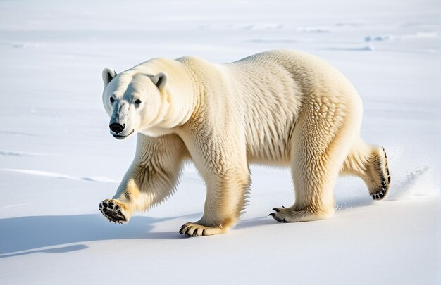 Urso polar correndo na pista de fundo natureza do deserto vida selvagem e neve