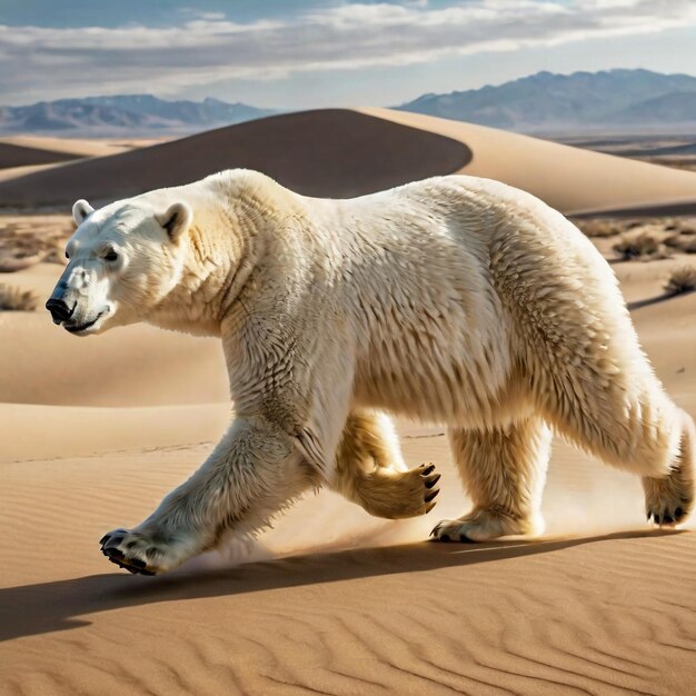 Urso polar correndo na pista de fundo natureza do deserto vida selvagem e neve