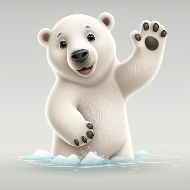 Urso polar de desenho animado acenando com a pata no ar generativo ai