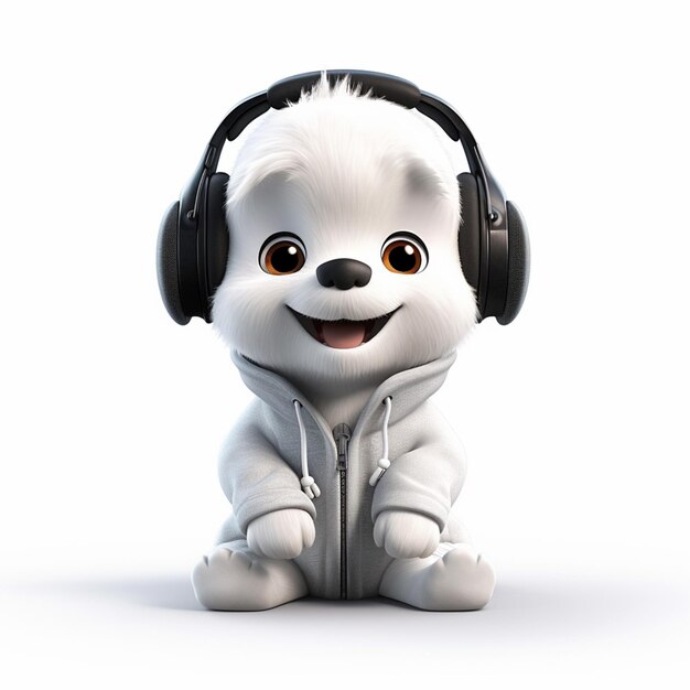 urso polar de desenho animado usando fones de ouvido sentado no chão