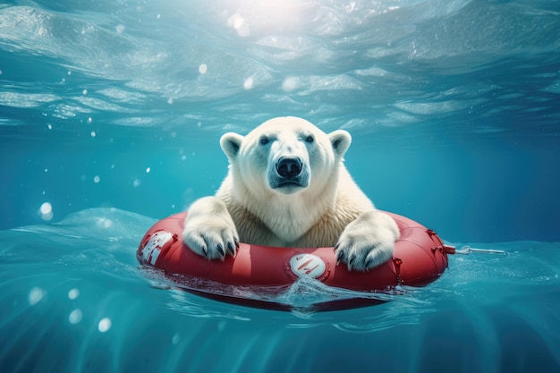 Urso polar em um anel inflável no gelo flutuante Urso polar flutuando em bóia salva-vidas cercado por neve derretida AI Gerado