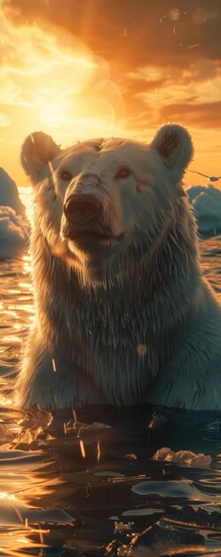 Urso polar espécies ameaçadas de extinção no gelo do Ártico observando uma frota de drones liberando partículas refletoras na atmosfera para atrasar o aquecimento global