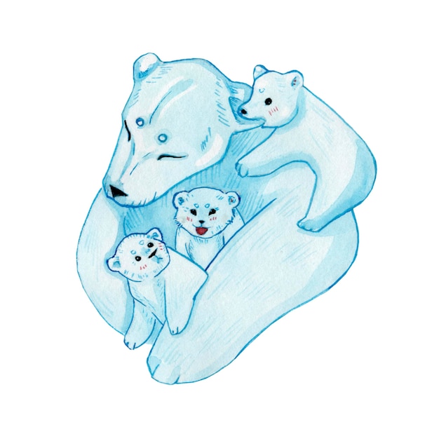 Urso polar Ilustração em aquarela Bebê urso Ilustração para design Urso com filhote Mãe e filho