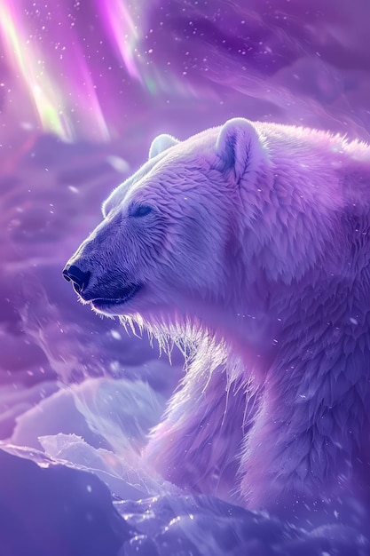 Foto urso polar majestico em uma ilustração de paisagem fantástica das luzes do norte