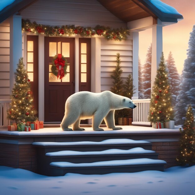 Urso polar na varanda da casa decorada para fundo de Natal e Ano Novo