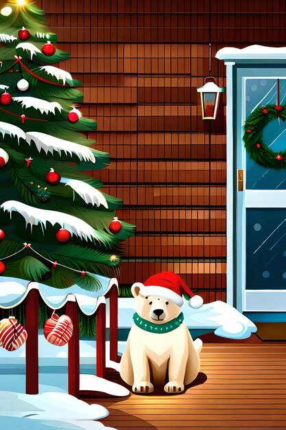 Foto urso polar na varanda da casa decorada para natal e ano novo