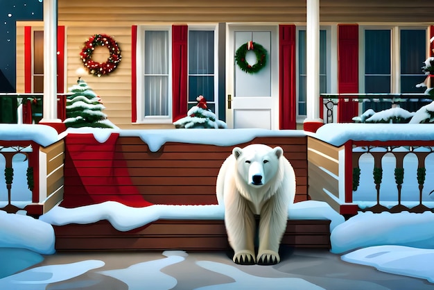 Urso polar na varanda da casa decorada para Natal e Ano Novo
