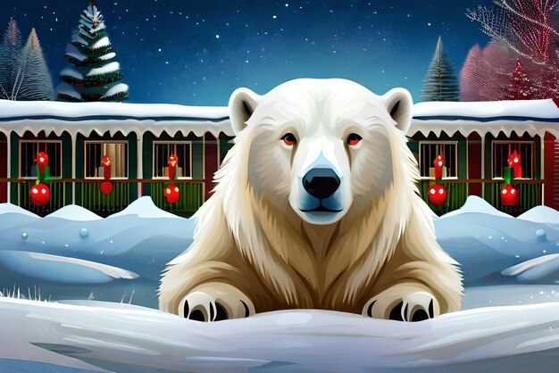 Urso polar na varanda da casa decorada para Natal e Ano Novo