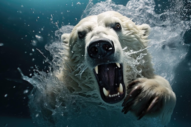 Urso polar nadando na água e salpicos de água Fotografia de estúdio Urso polar sofrendo um ataque subaquático AI Gerado