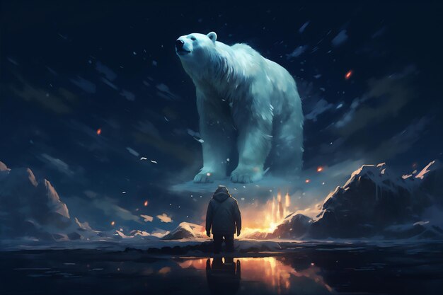 Urso polar no Polo Norte com vista panorâmica da montanha de neve no inverno