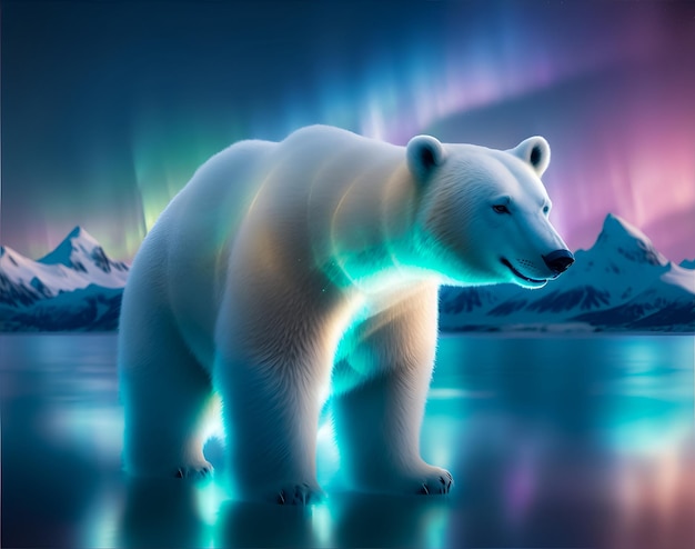 Urso polar realista no Ártico com aurora