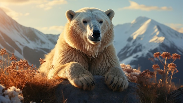 Foto urso polar sentado em uma montanha com fundo desfocado