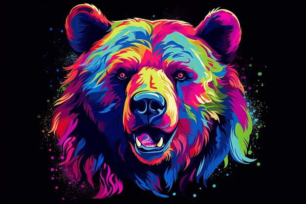 Urso Retrato de néon abstrato da cabeça de um urso no estilo pop art em um fundo preto Ilustração generativa de IA