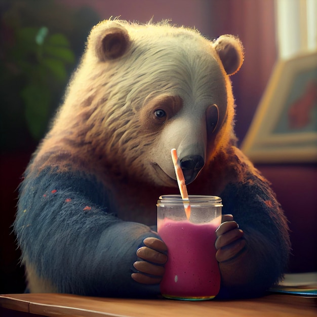 Urso sentado em uma mesa bebendo uma bebida generativa ai