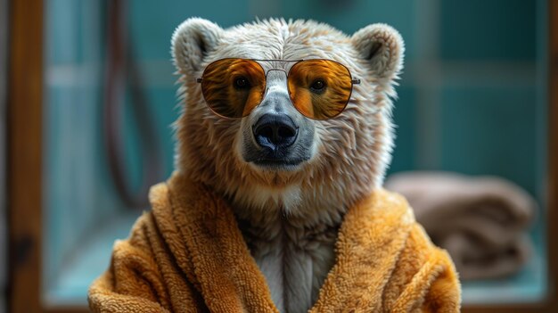 Urso usando óculos de sol e roupão de banho