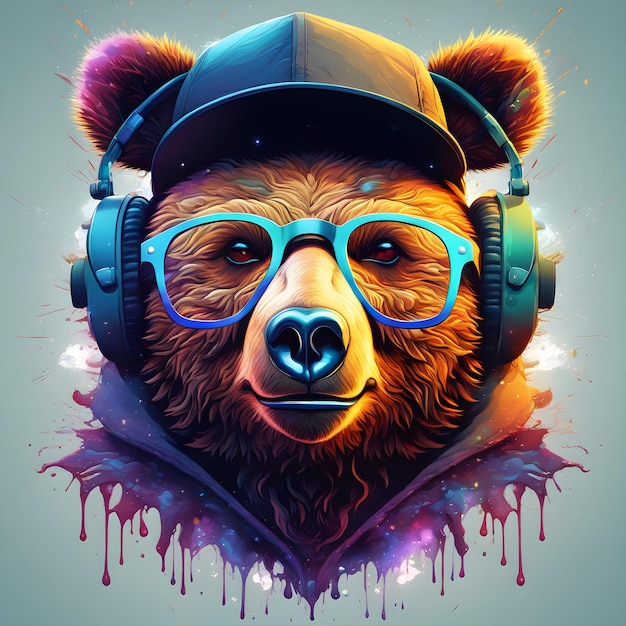 Urso usando óculos, fone de ouvido e chapéu