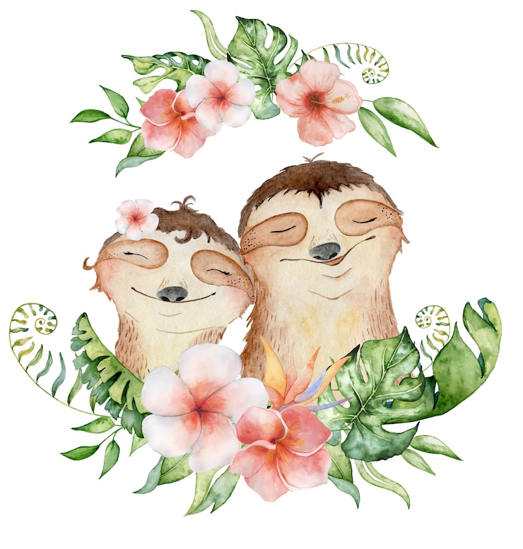 Foto ursos-preguiça em aquarela. casal apaixonado