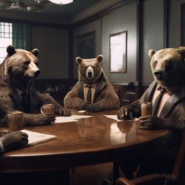 Ursos vestindo terno no escritório Empresário ursos tendo reunião sentado no escritório