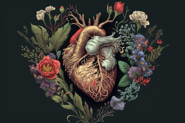 Ursprüngliches Valentinstagsymbol mit menschlichem Herzen mit Blumen