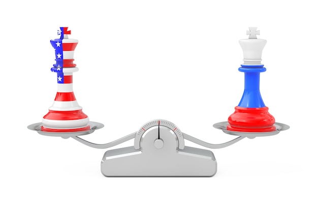 US-Amerika und Russland Kings Chess über einfache Balance-Skala auf weißem Hintergrund. 3D-Rendering