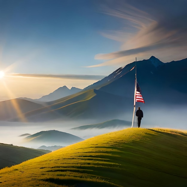 US-Flagge auf grünem Land Amerikanische Flagge auf Hügel Generative KI