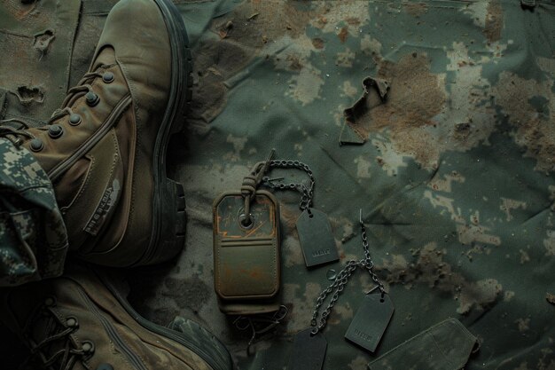 Foto us-marine-zweigband mit hundeschildern und stiefeln auf olivgrünem uniform-hintergrund