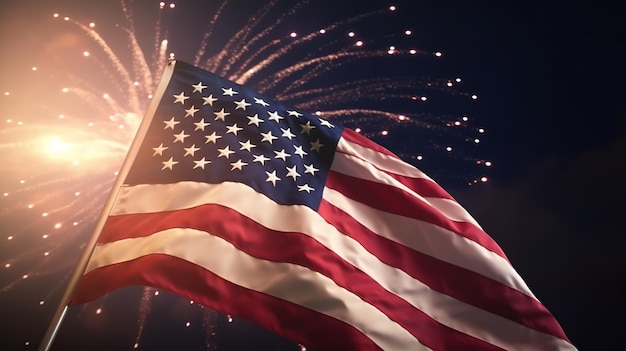 USA 4. Juli Unabhängigkeitstag amerikanische Flagge mit Feuerwerk Generative KI