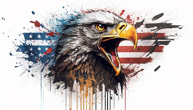USA 4. Juli Unabhängigkeitstag Weißkopfseeadler mit amerikanischer Flagge mit Feuerwerk Generative ai