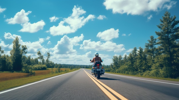 USA-Autobahn zwischen Baum, Rückansicht des Motorradfahrers