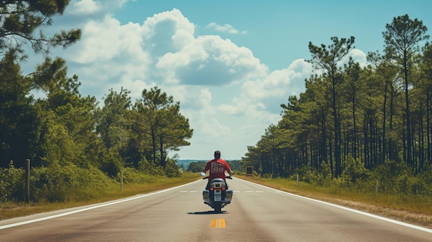 USA-Autobahn zwischen Baum, Rückansicht des Motorradfahrers