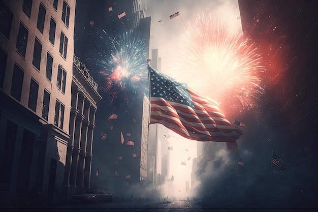 USA-Banner und Feuerwerk