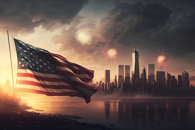 USA-Banner und Feuerwerk