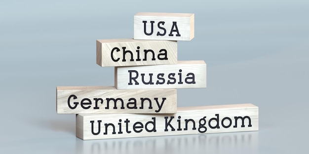 USA China Russland Deutschland Vereinigtes Königreich Wörter auf Holzklötzen