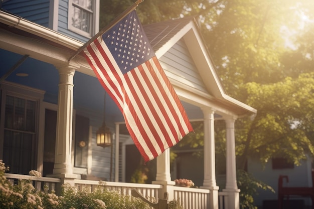 USA-Flagge an der Ecke eines Wohnhauses Symbol des Patriotismus Generative KI