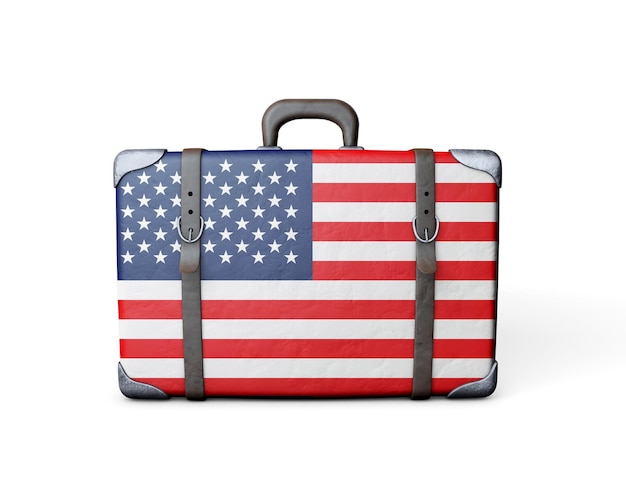 USA-Flagge auf einem Vintage-Lederkoffer 3D-Rendering