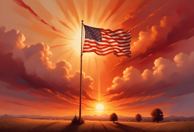 Foto usa-flagge eine flagge fliegt im sonnenuntergang mit einer untergehenden sonne dahinter