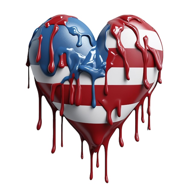 USA-Flagge in Form eines Herzens gemalt und Farbtropfen auf weißem, isoliertem Hintergrund