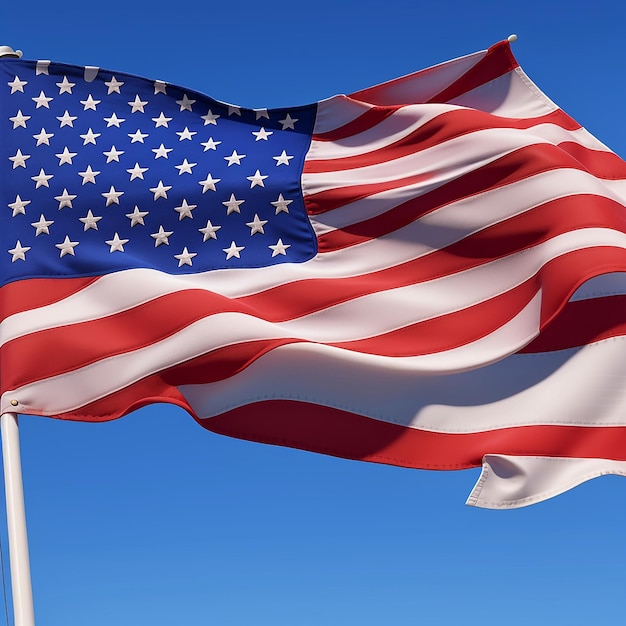 USA-Flagge weht auf einem hochwertigen, blauen, bewölkten Himmel im 3D-Animationsstil