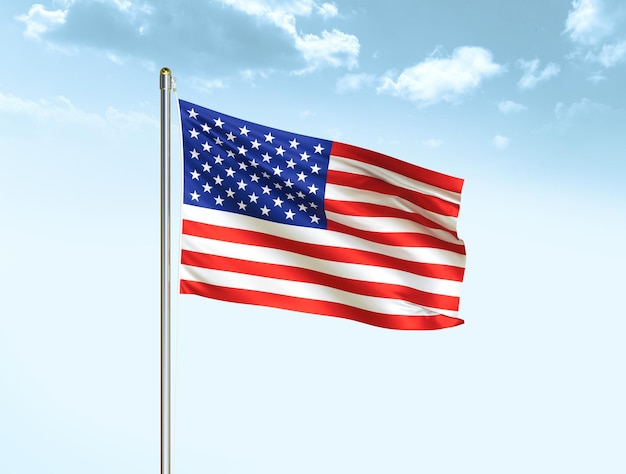 USA-Flagge weht im blauen Himmel mit Wolken Amerika-Flagge 3D-Darstellung